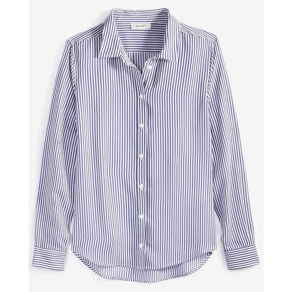 On 34th Women's Button-Front stripped Crepe Shirt Size 3X In Bijou Blue Combo. - Picture 5 of 14